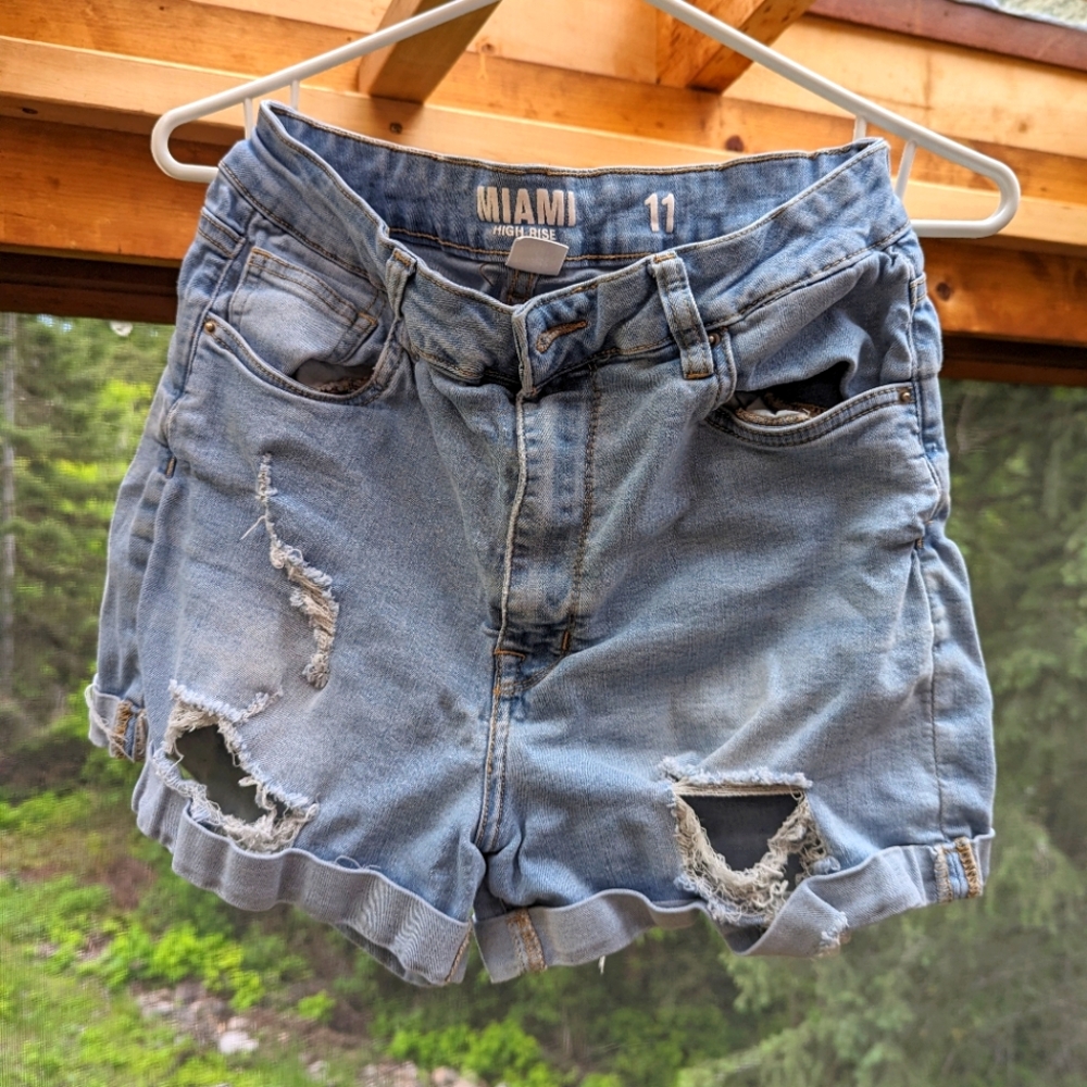 High waisted distressed denim shorts
